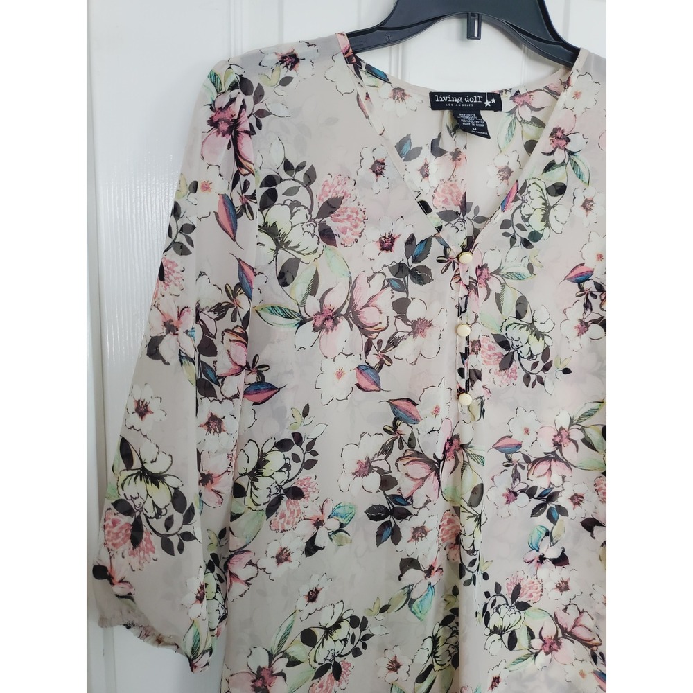 Living Doll Feminine Floral Casual V-Neck Blouse Cream Pink Boho Casual Top M